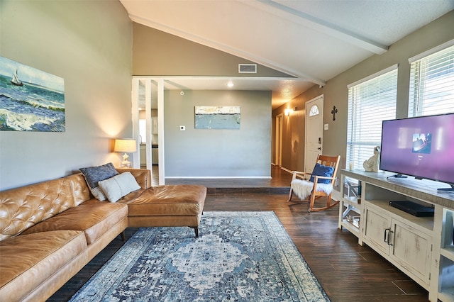 living room featuring lofted ceiling with beams and dark hardwood / wood-style floors