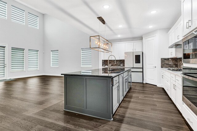 kitchen featuring white cabinetry, a center island with sink, dark wood-type flooring, and appliances with stainless steel finishes