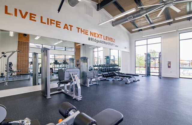 workout area featuring high vaulted ceiling and ceiling fan