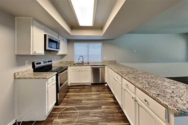 kitchen with appliances with stainless steel finishes, sink, white cabinets, a tray ceiling, and dark wood-type flooring