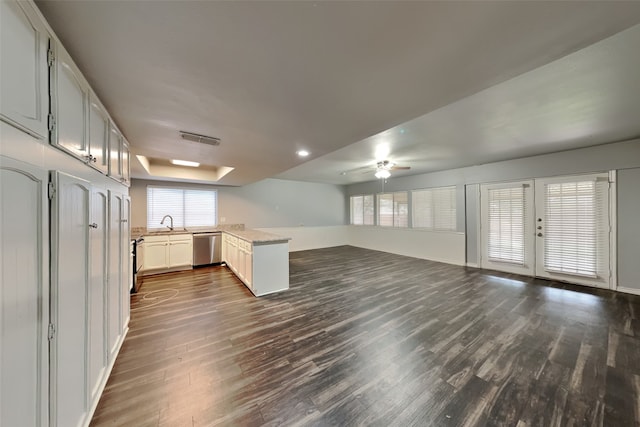 interior space featuring dark hardwood / wood-style flooring, ceiling fan, and a healthy amount of sunlight