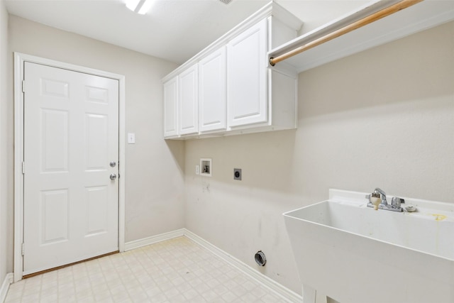 laundry room with hookup for a washing machine, electric dryer hookup, sink, and cabinets