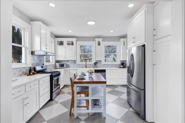 kitchen featuring white cabinets, a wealth of natural light, stainless steel appliances, and tasteful backsplash