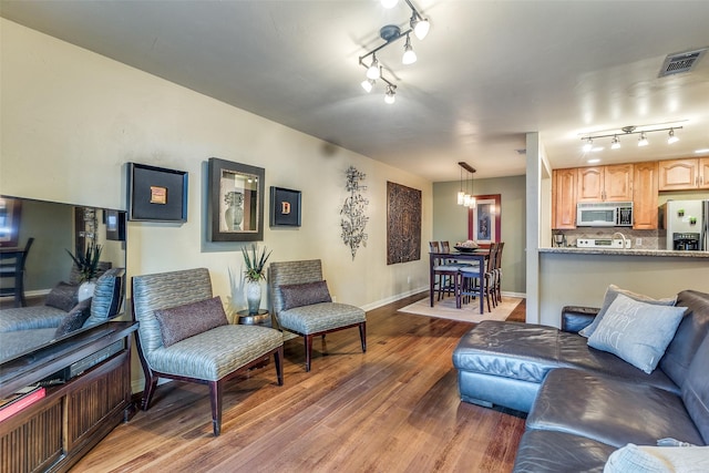 living room with dark hardwood / wood-style flooring