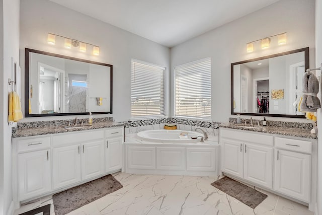 bathroom with vanity and a washtub