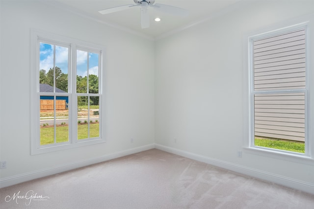 2129 Pecan Square Ave, Shreveport, LA 71106 - empty room with light colored carpet, plenty of natural light, a ceiling fan, crown molding, and recessed lighting