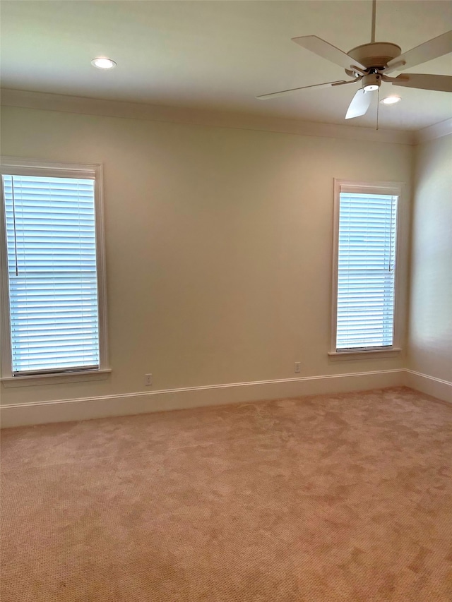 2129 Pecan Square Ave, Shreveport, LA 71106 - unfurnished room with light colored carpet, ornamental molding, ceiling fan, and recessed lighting