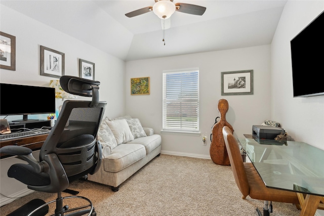 carpeted home office featuring ceiling fan and lofted ceiling