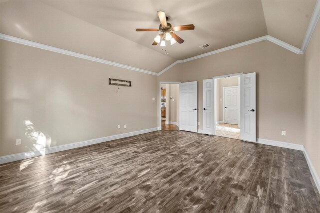 unfurnished room featuring crown molding, ceiling fan, lofted ceiling, and dark hardwood / wood-style floors