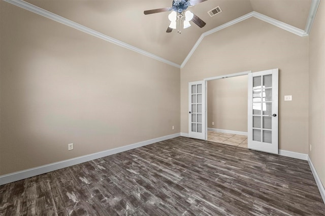 unfurnished room featuring ornamental molding, wood-type flooring, ceiling fan, and french doors