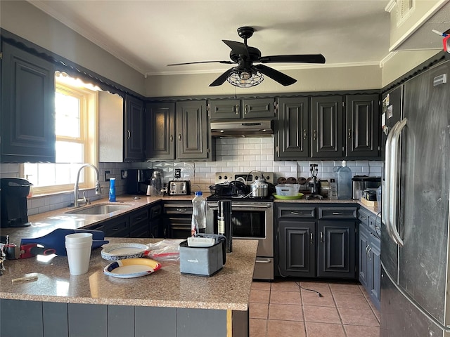 kitchen featuring refrigerator, ceiling fan, sink, light tile patterned floors, and stainless steel electric range oven