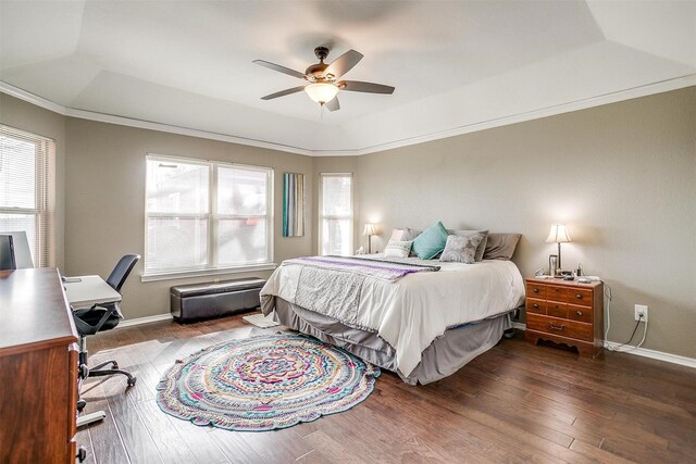 bedroom with a raised ceiling, multiple windows, ceiling fan, and dark wood-type flooring