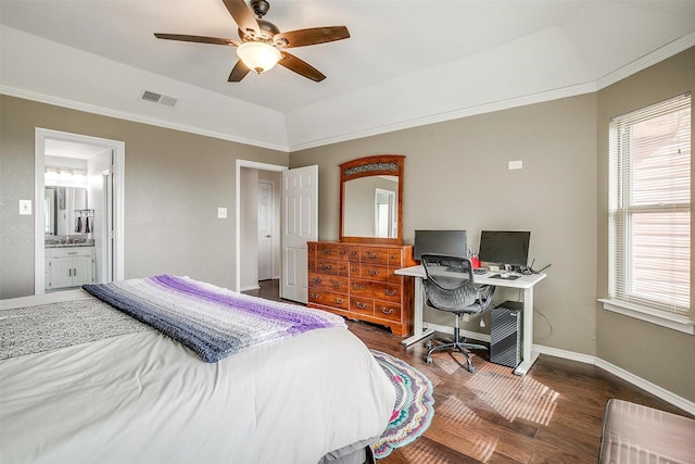 bedroom featuring ceiling fan, lofted ceiling, dark wood-type flooring, and multiple windows