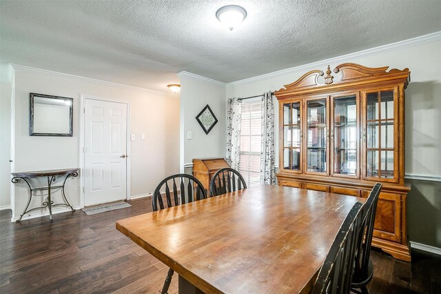 dining space with crown molding, dark hardwood / wood-style flooring, and a textured ceiling