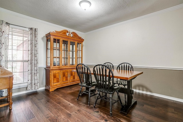 dining area featuring a textured ceiling, dark hardwood / wood-style floors, and ornamental molding