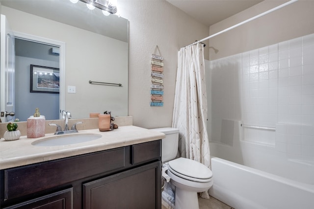 full bathroom featuring vanity, toilet, and shower / bathtub combination with curtain