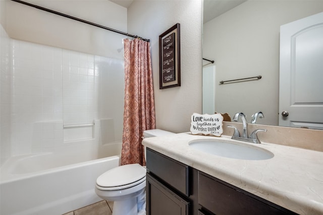 full bathroom with tile patterned flooring, vanity, toilet, and shower / tub combo with curtain