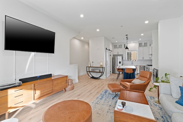 living room with a barn door, light hardwood / wood-style flooring, and sink