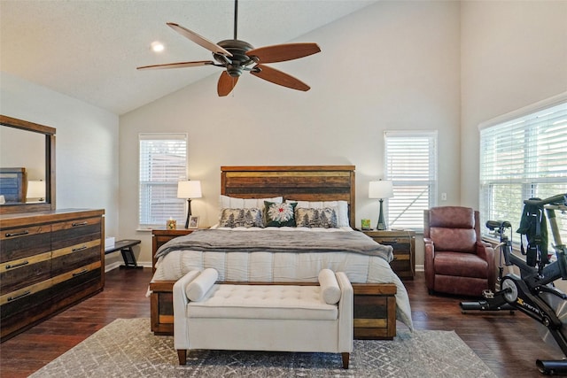 bedroom featuring multiple windows, ceiling fan, dark hardwood / wood-style flooring, and lofted ceiling