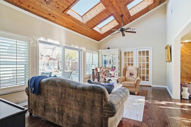 living room featuring ceiling fan, french doors, dark wood-type flooring, wooden ceiling, and high vaulted ceiling