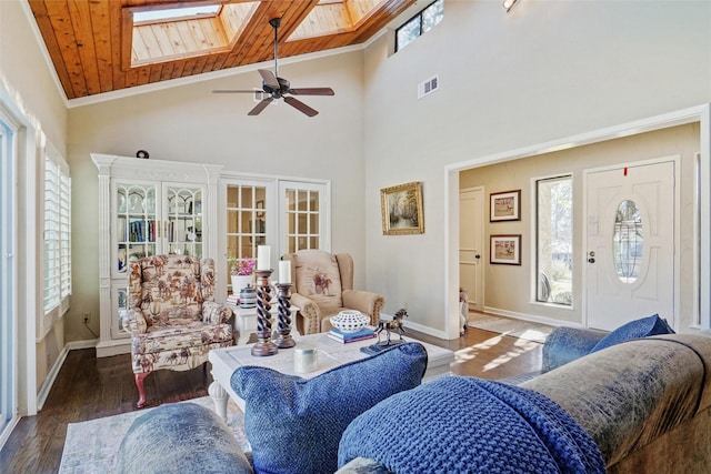 living room featuring wooden ceiling, french doors, a skylight, ceiling fan, and dark hardwood / wood-style flooring