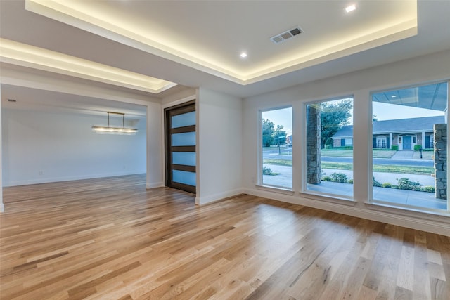 empty room with a raised ceiling and light wood-type flooring