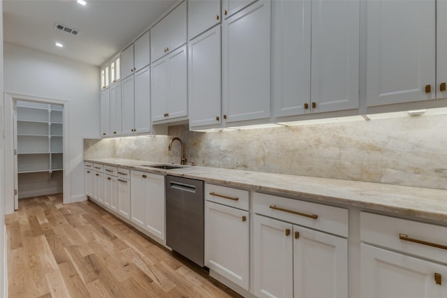 kitchen featuring light stone countertops, white cabinetry, sink, and stainless steel dishwasher