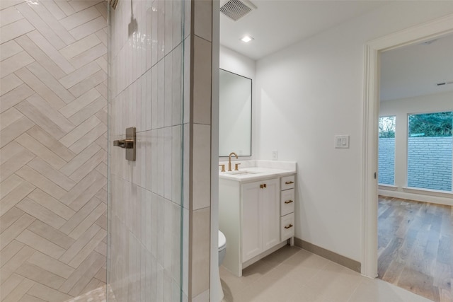 bathroom with vanity, toilet, and walk in shower