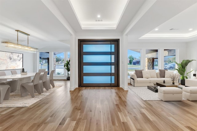 entryway with a raised ceiling and light wood-type flooring