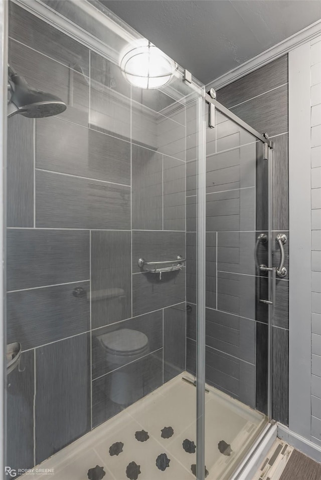 bathroom with toilet and a shower with shower door