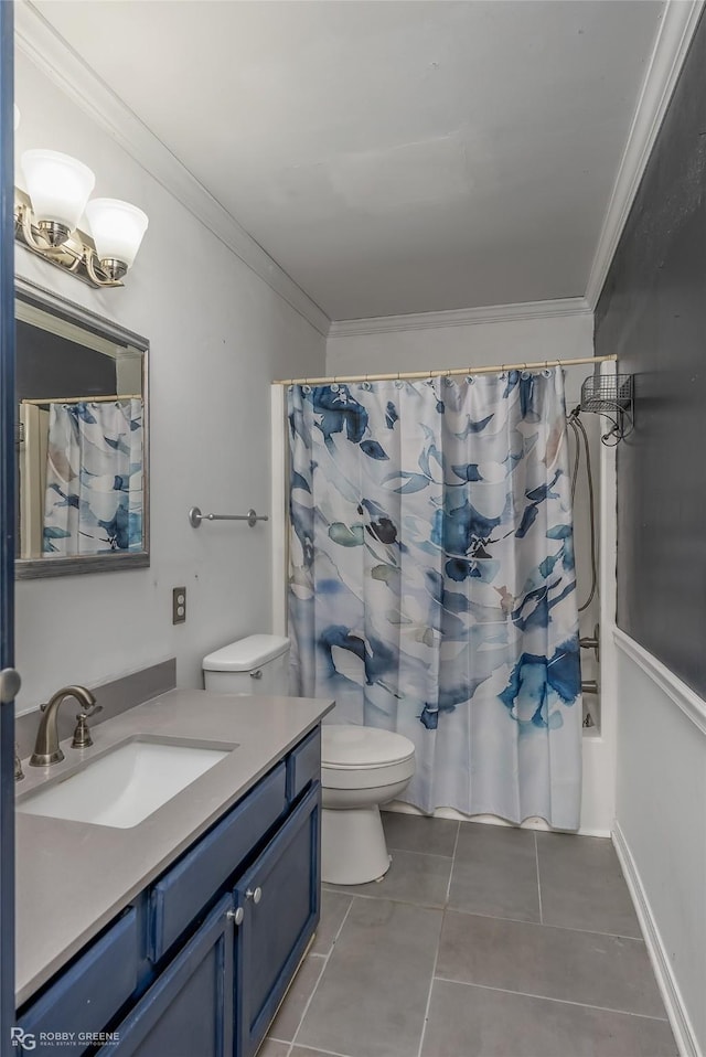 full bathroom with tile patterned floors, crown molding, toilet, shower / tub combo with curtain, and vanity