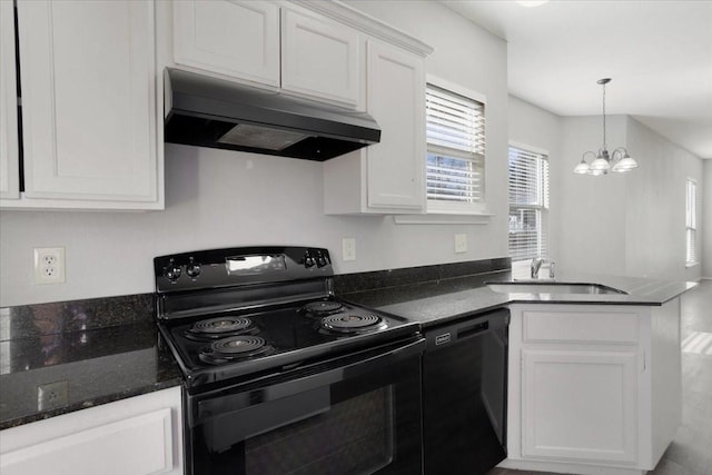 kitchen featuring black appliances, sink, hanging light fixtures, white cabinetry, and a chandelier