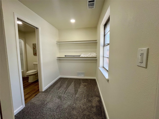 spacious closet featuring dark carpet