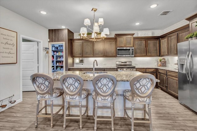 kitchen featuring appliances with stainless steel finishes, a kitchen island with sink, pendant lighting, and sink