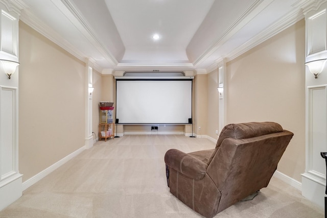 cinema with crown molding, light colored carpet, and a tray ceiling