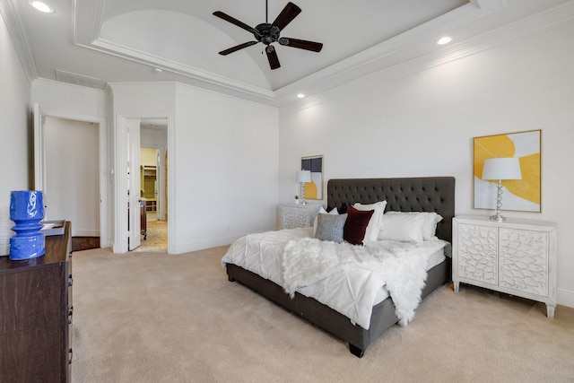 bedroom featuring ceiling fan, crown molding, and light carpet