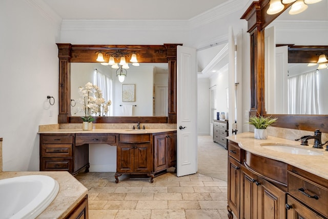 bathroom featuring vanity, a bathtub, and ornamental molding