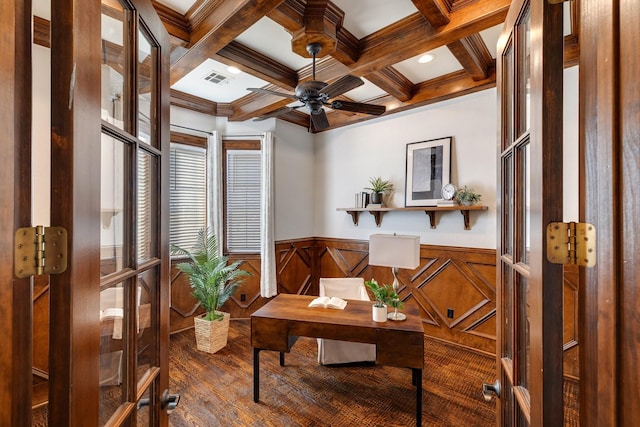 home office featuring french doors, ornamental molding, ceiling fan, beam ceiling, and coffered ceiling