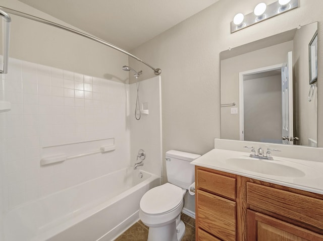 full bathroom with toilet, bathing tub / shower combination, tile patterned flooring, and vanity