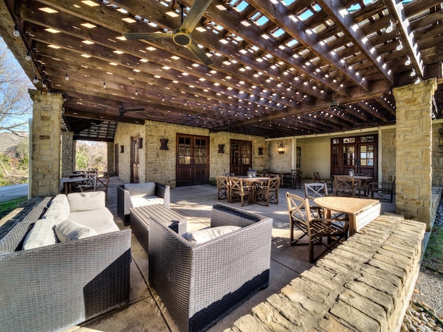 view of patio with an outdoor hangout area, ceiling fan, a pergola, and french doors