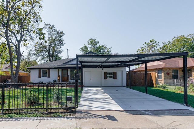 single story home featuring a front lawn and a carport