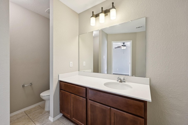 bathroom with tile patterned flooring, vanity, toilet, and ceiling fan