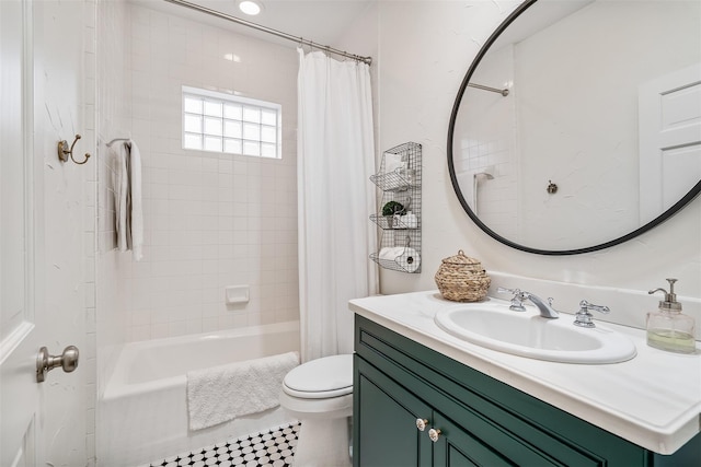 full bathroom with vanity, toilet, and shower / bathtub combination with curtain