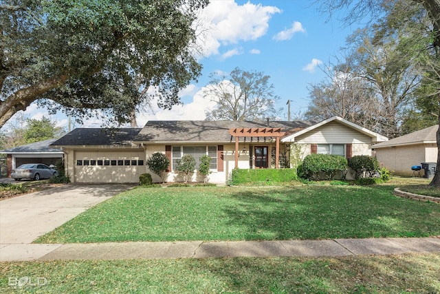 ranch-style home with a garage and a front lawn