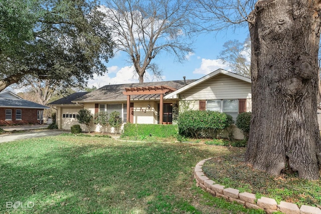 ranch-style home with a garage and a front lawn