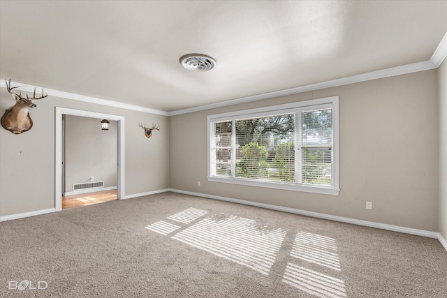 interior space featuring light colored carpet and ornamental molding