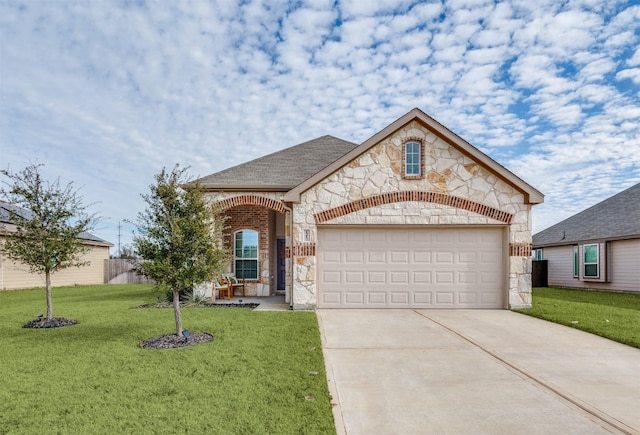 view of front of home featuring a front yard and a garage