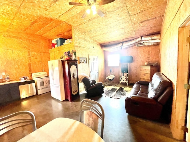 interior space featuring ceiling fan and white appliances