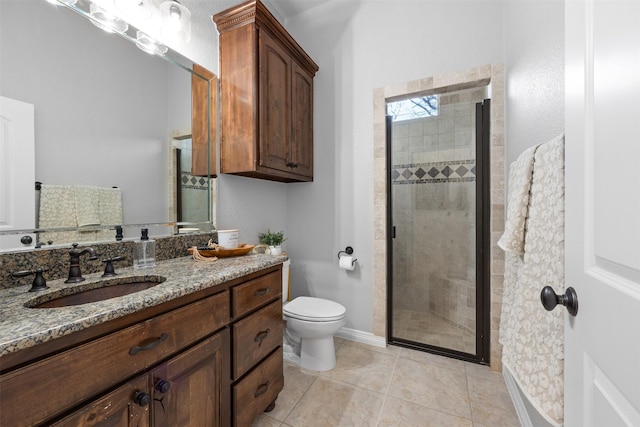 bathroom with tile patterned flooring, vanity, toilet, and walk in shower