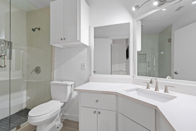 bathroom with vanity, toilet, and a shower with door